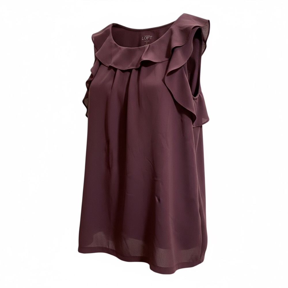 LOFT purple crew neck ruffle sleeveless top blouse modest Large